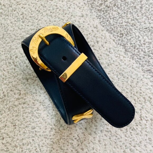Paloma Picasso Vintage Womens Medium 75 Made in Italy Black Gold Leather Belt - Picture 4 of 16